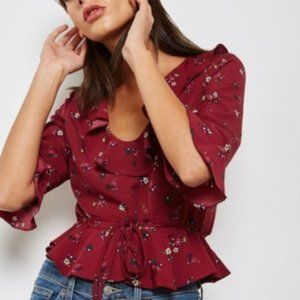 TOPSHOP PHOEBE RUFFLED FLORAL RED TOP WITH TIES